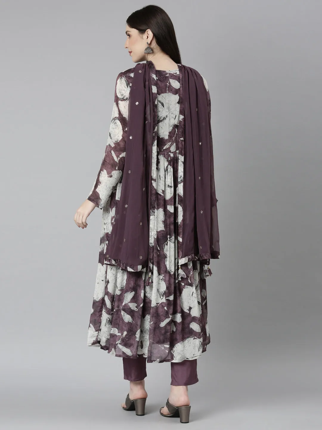 Neeru's Magenta Regular Straight Floral Kurta And Trousers With Dupatta