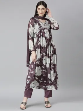 Neeru's Magenta Regular Straight Floral Kurta And Trousers With Dupatta