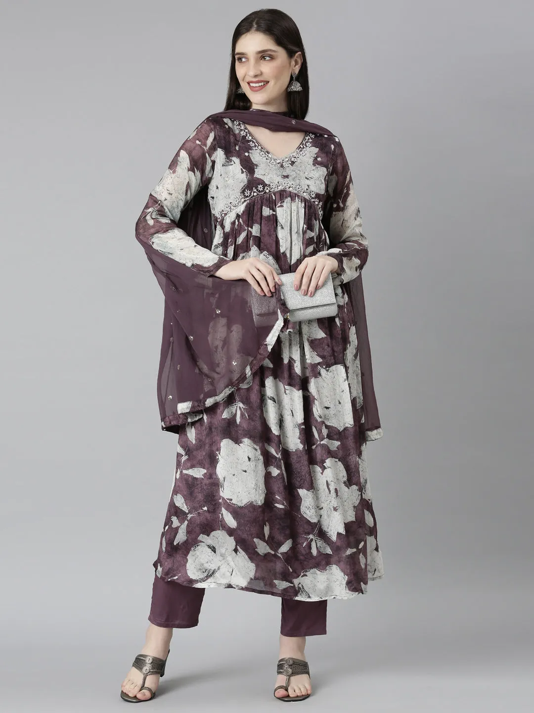 Neeru's Magenta Regular Straight Floral Kurta And Trousers With Dupatta