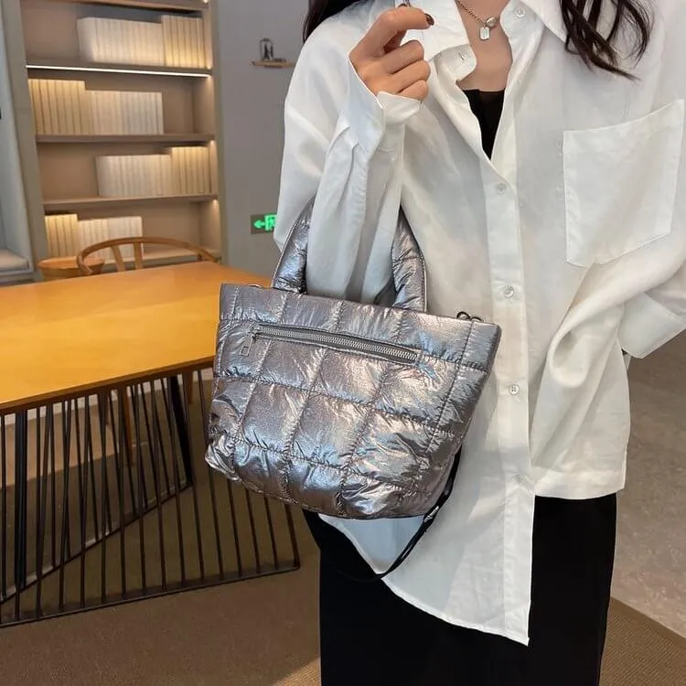 Nylon Quilted Puffer Tote Crossbody Bag-Showtown