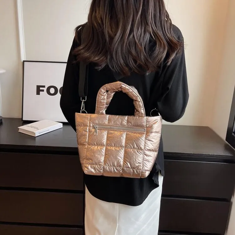 Nylon Quilted Puffer Tote Crossbody Bag-Showtown