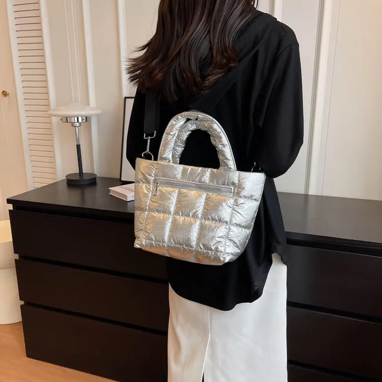 Nylon Quilted Puffer Tote Crossbody Bag-Showtown