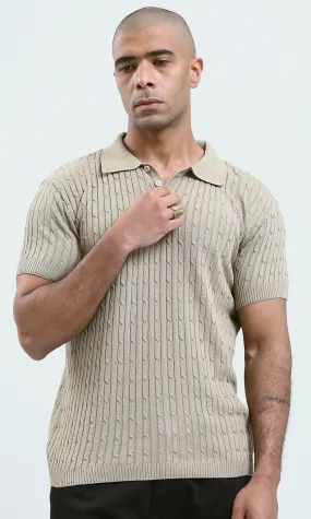 O183061 - Buttoned Neck Beige Knitted Polo Shirt