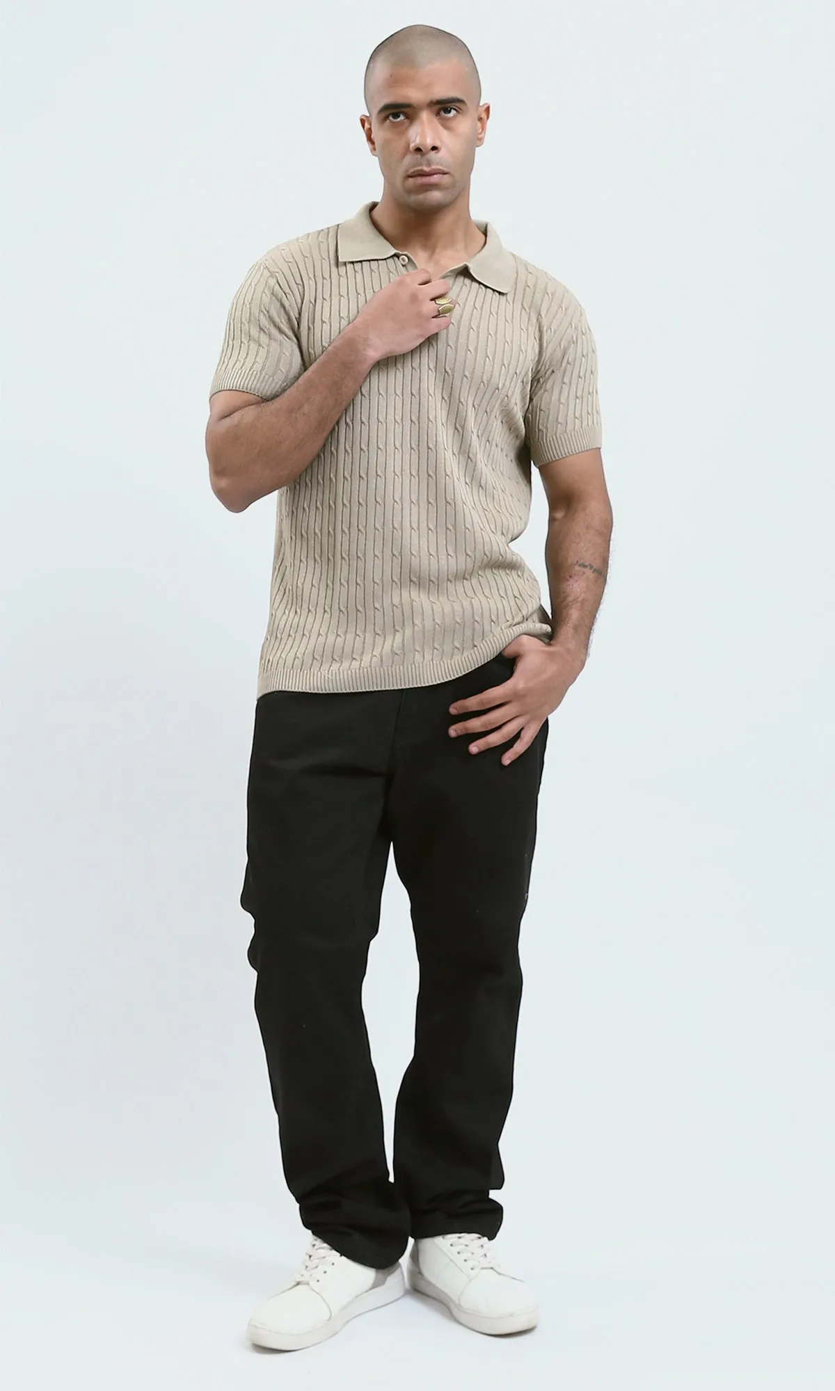O183061 - Buttoned Neck Beige Knitted Polo Shirt