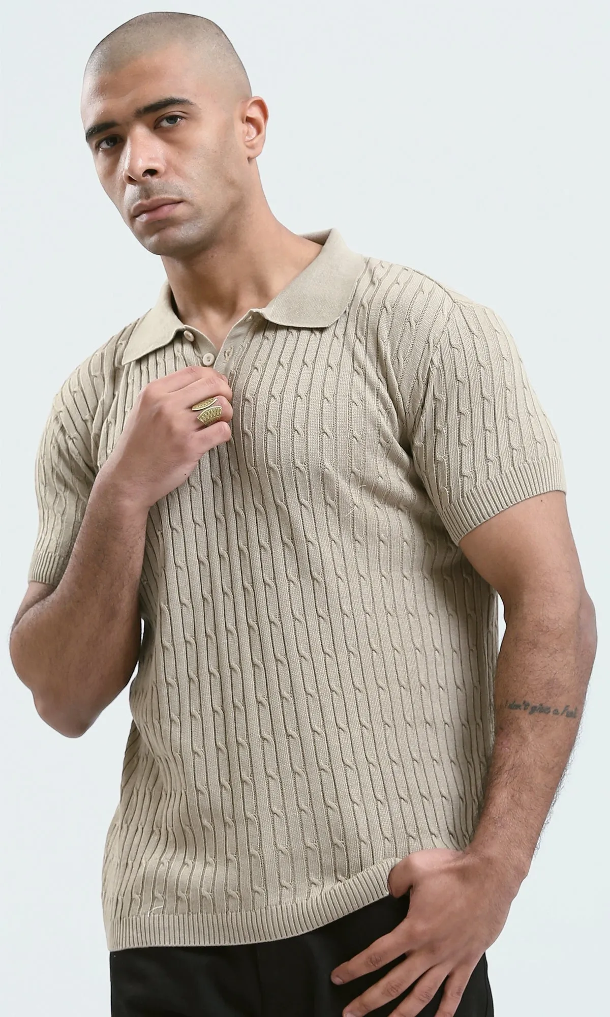 O183061 - Buttoned Neck Beige Knitted Polo Shirt