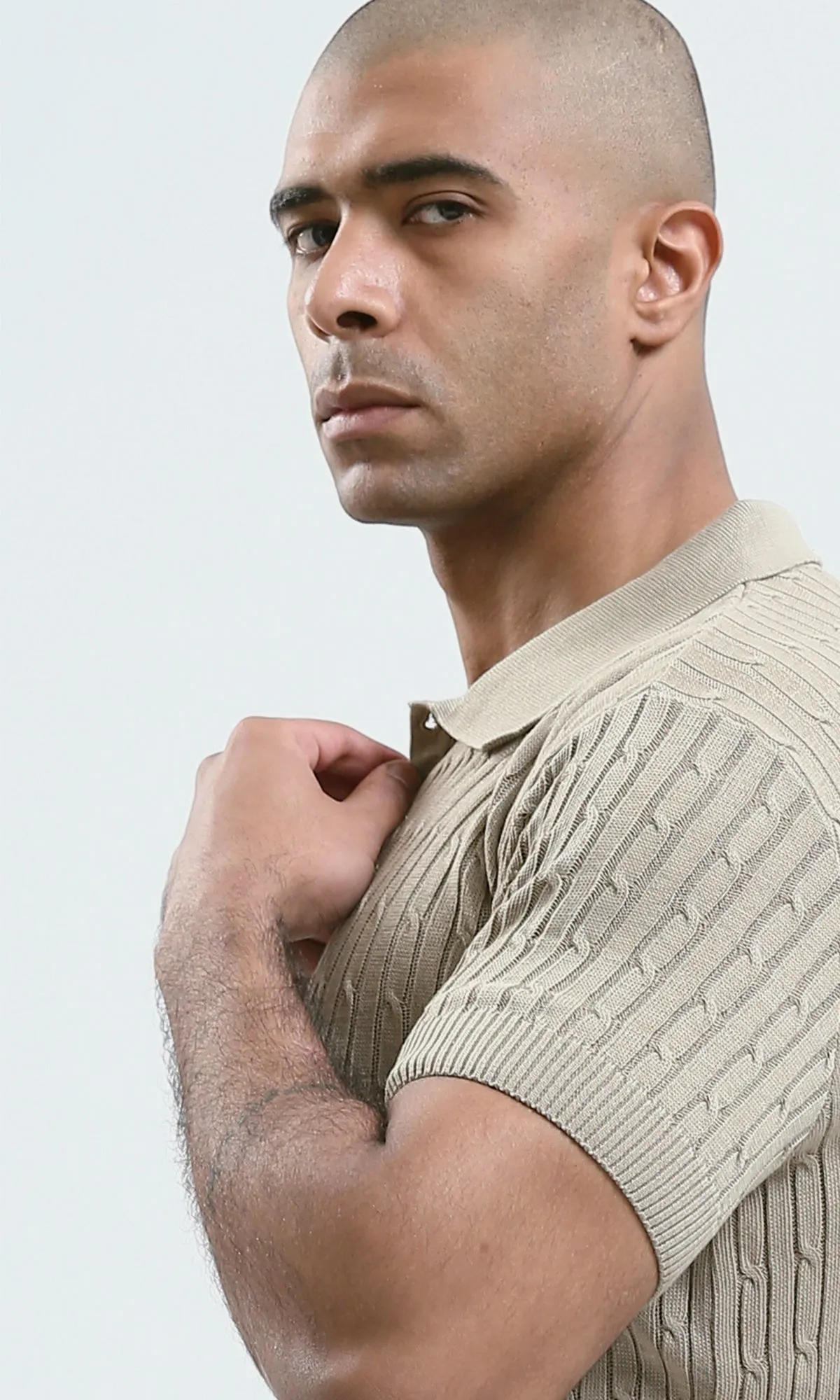 O183061 - Buttoned Neck Beige Knitted Polo Shirt