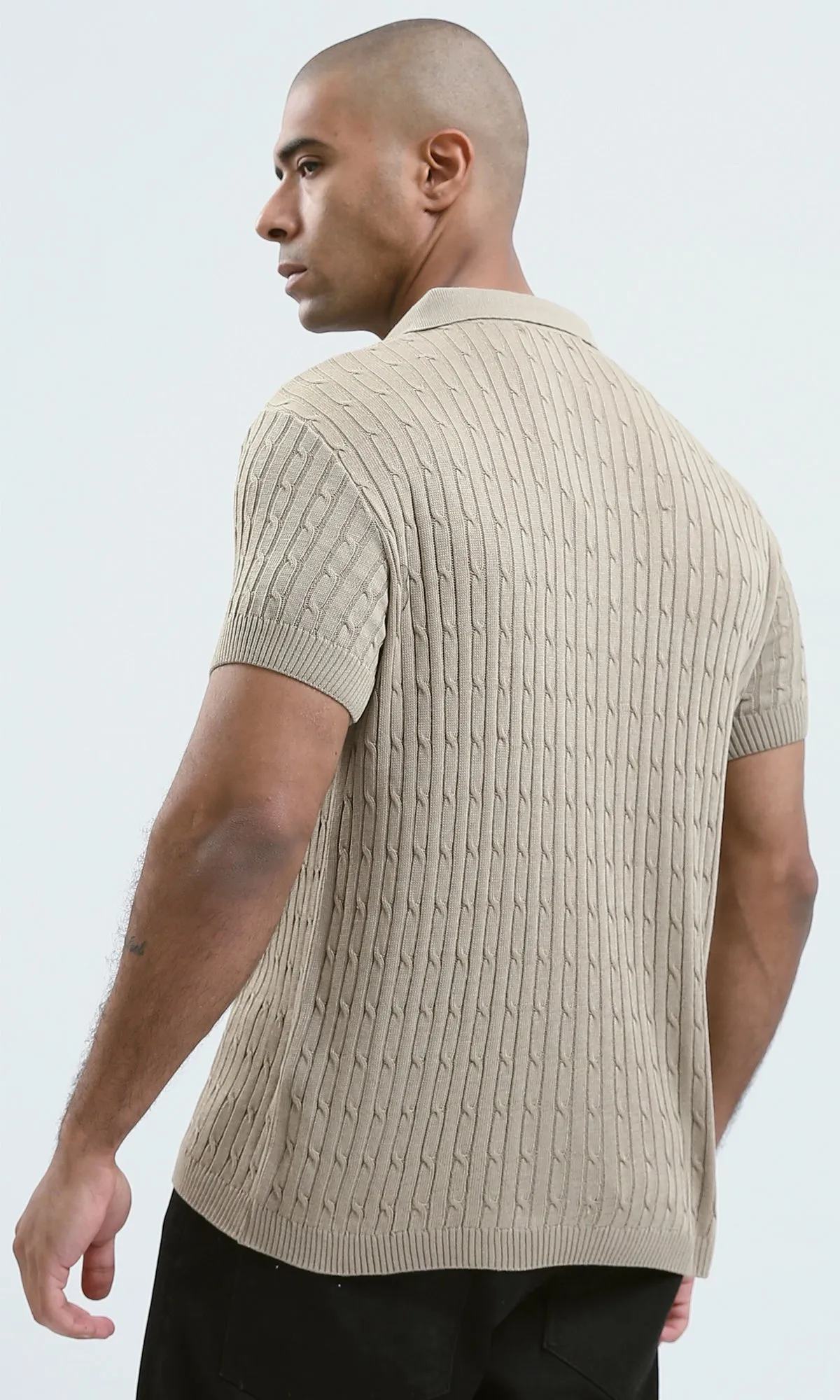 O183061 - Buttoned Neck Beige Knitted Polo Shirt