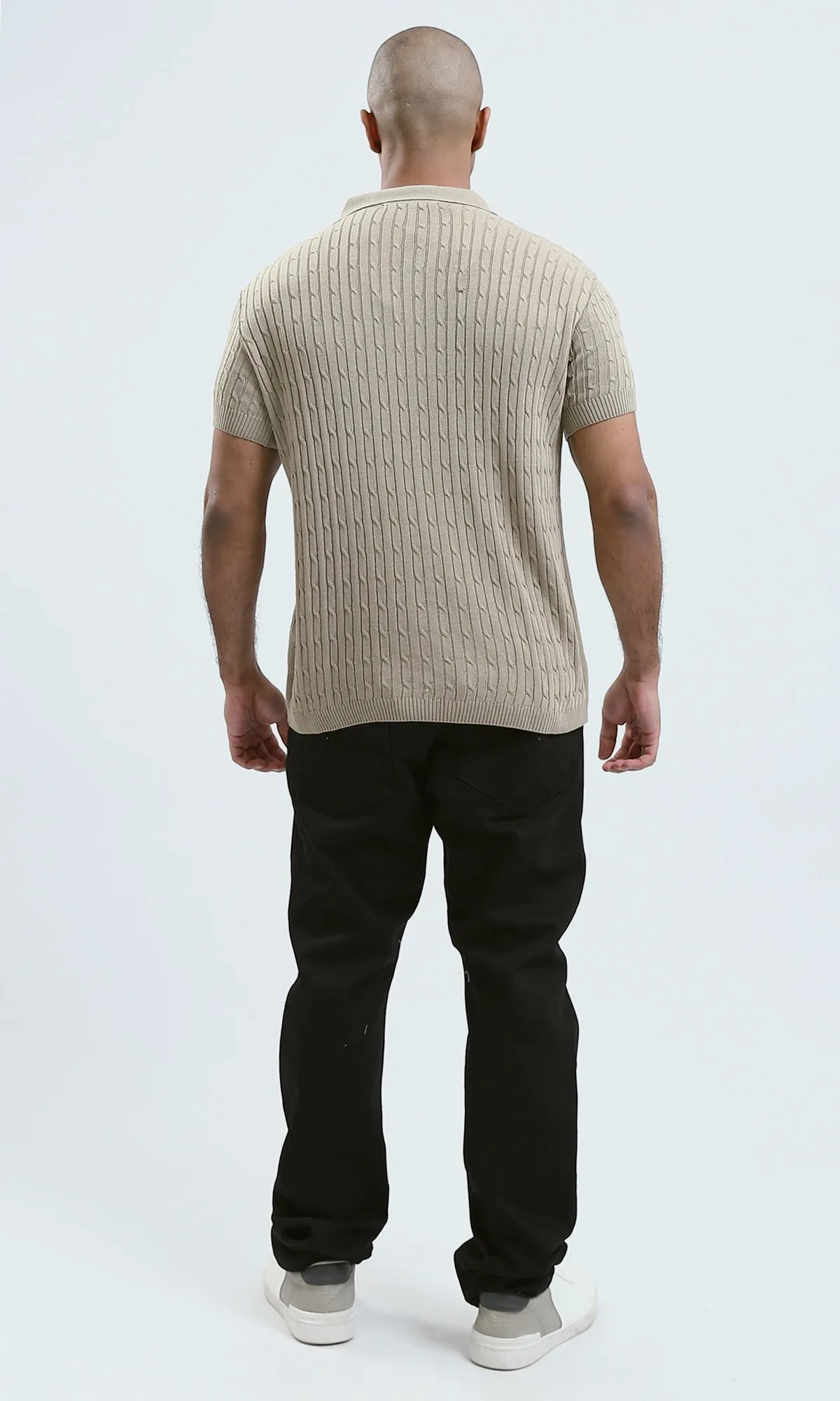 O183061 - Buttoned Neck Beige Knitted Polo Shirt