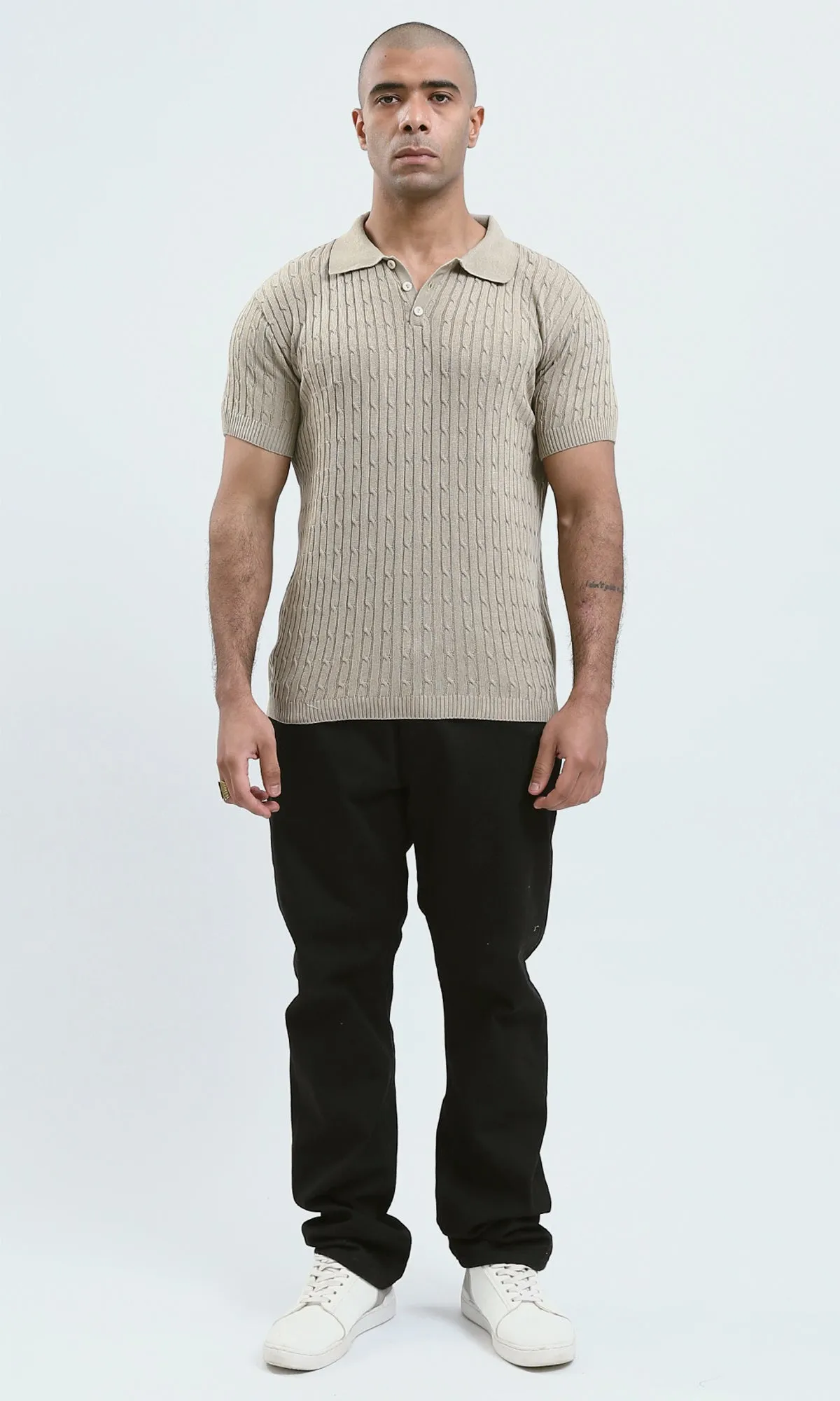 O183061 - Buttoned Neck Beige Knitted Polo Shirt