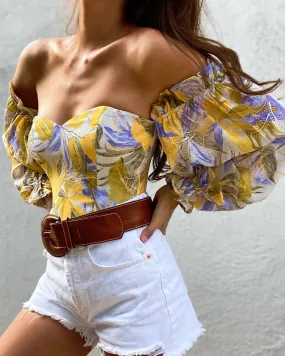 Off Shoulder Floral Print Lantern Sleeve Chiffon Top