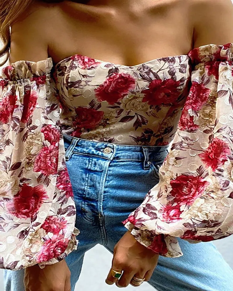 Off Shoulder Floral Print Lantern Sleeve Chiffon Top