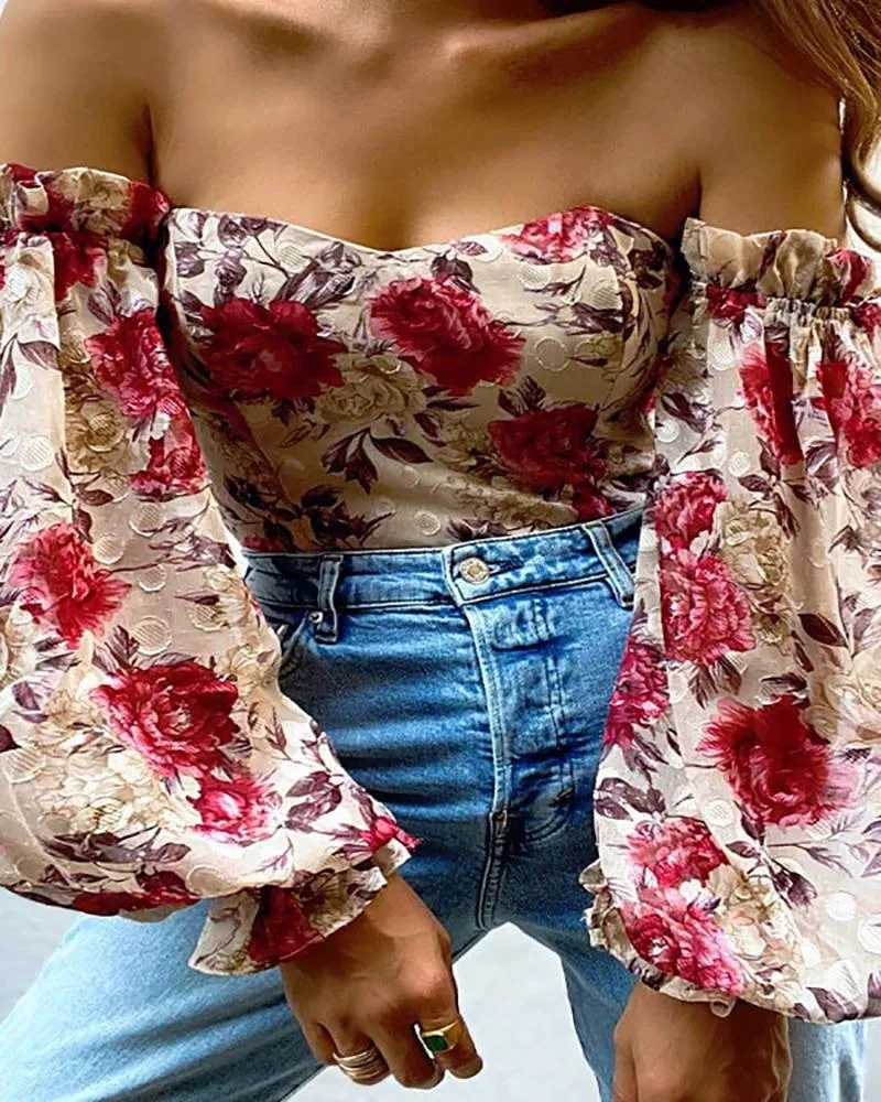 Off Shoulder Floral Print Lantern Sleeve Chiffon Top