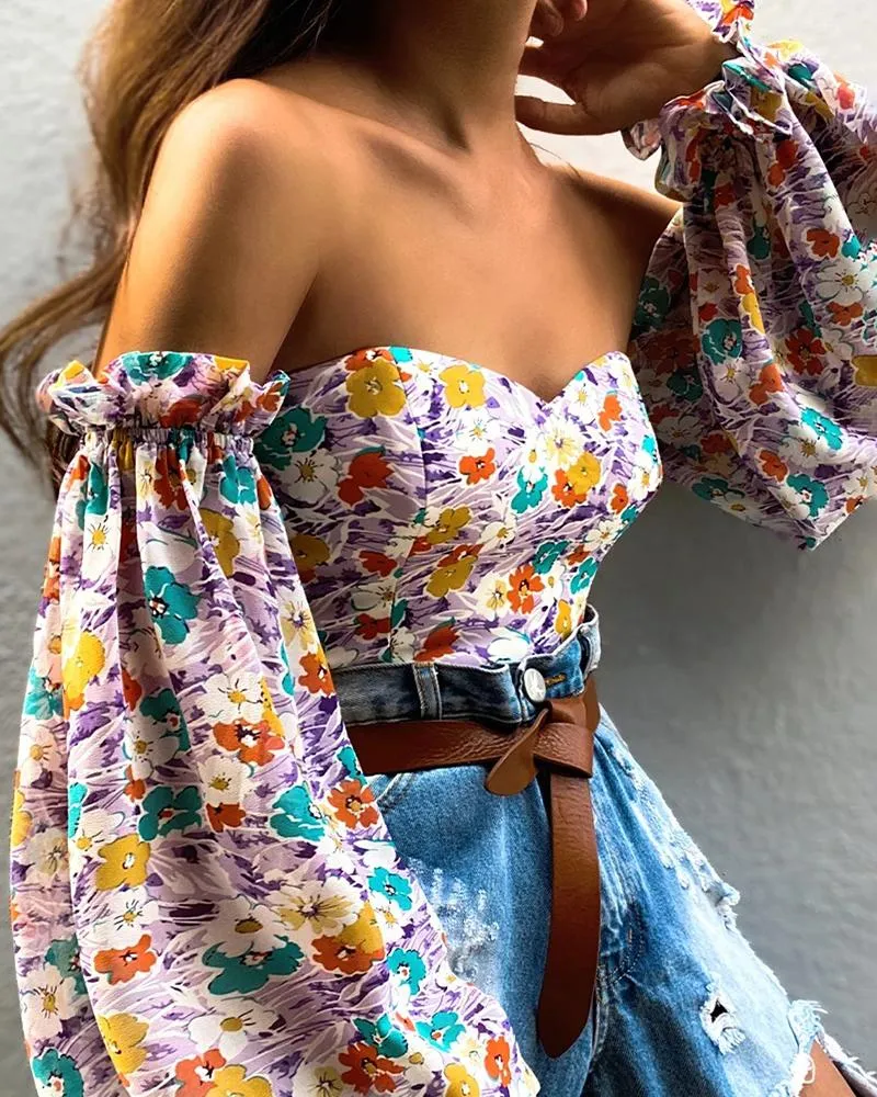 Off Shoulder Floral Print Lantern Sleeve Chiffon Top