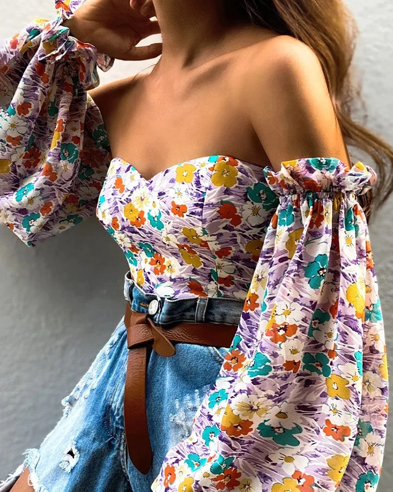 Off Shoulder Floral Print Lantern Sleeve Chiffon Top
