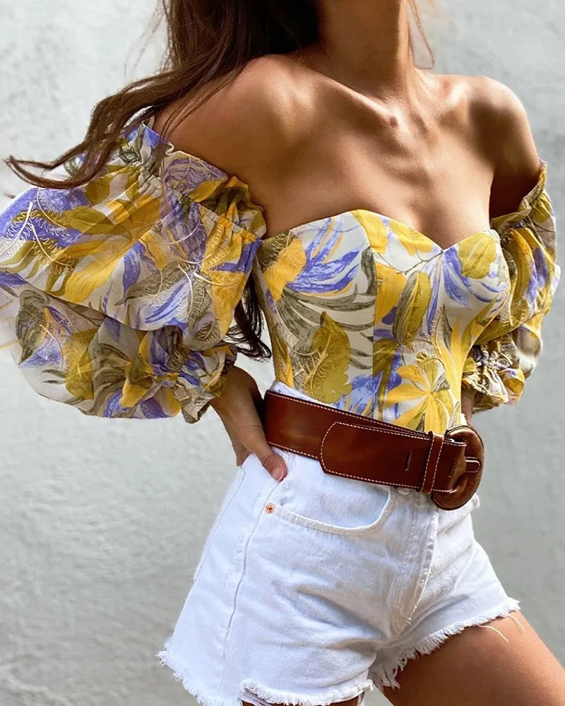 Off Shoulder Floral Print Lantern Sleeve Chiffon Top