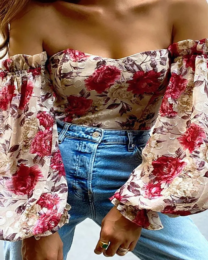 Off Shoulder Floral Print Lantern Sleeve Chiffon Top