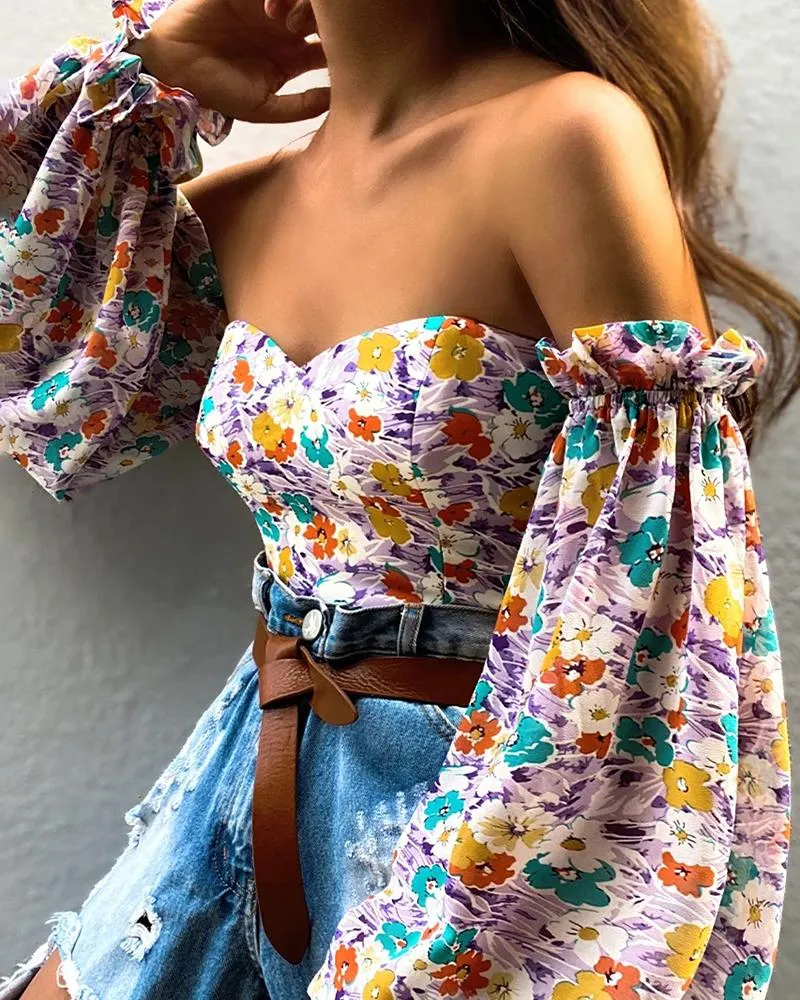 Off Shoulder Floral Print Lantern Sleeve Chiffon Top