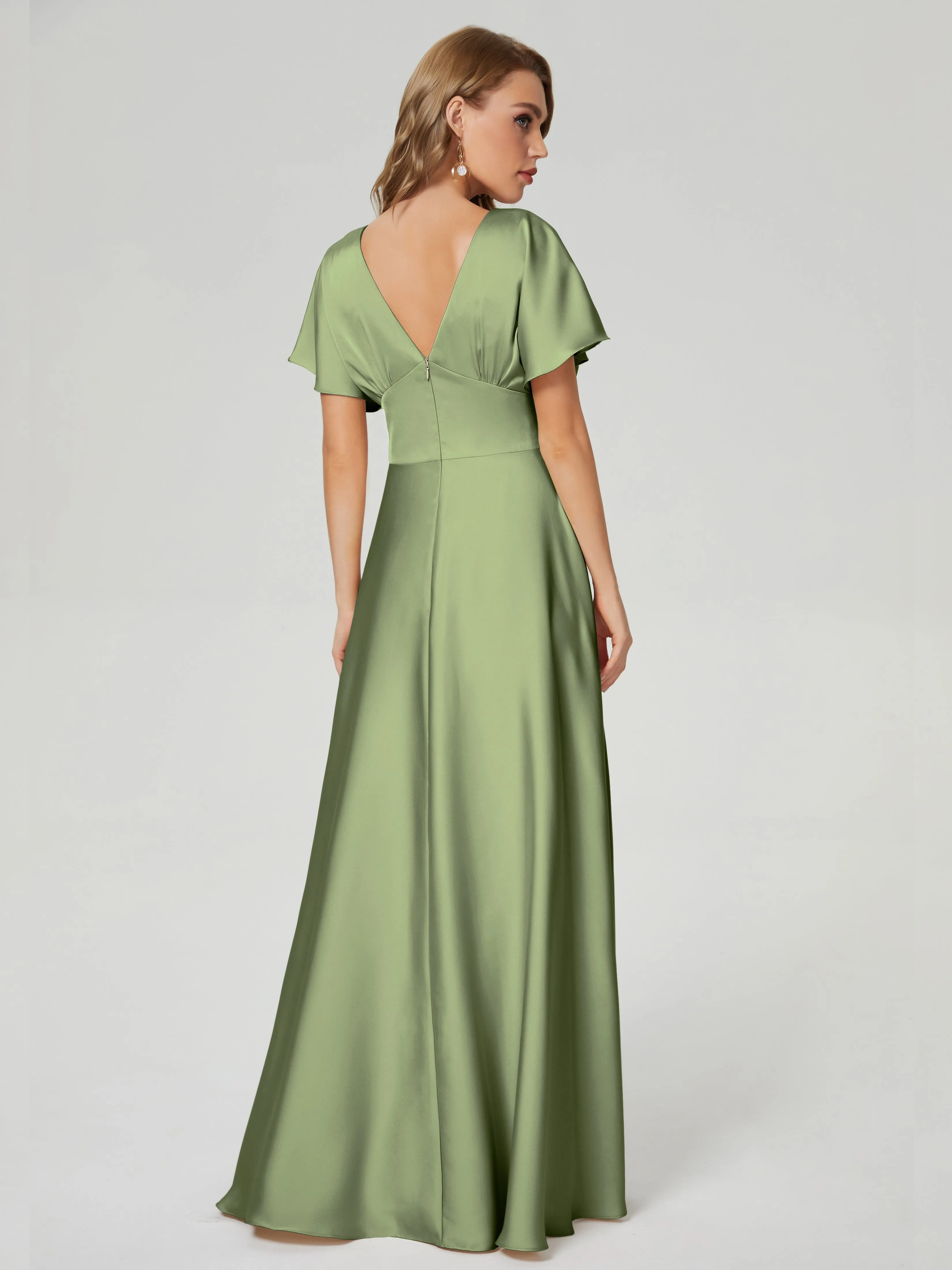 Olive Green Bridesmaid Dresses Ariah Modest V Neck Short Sleeves Soft Satin Dresses