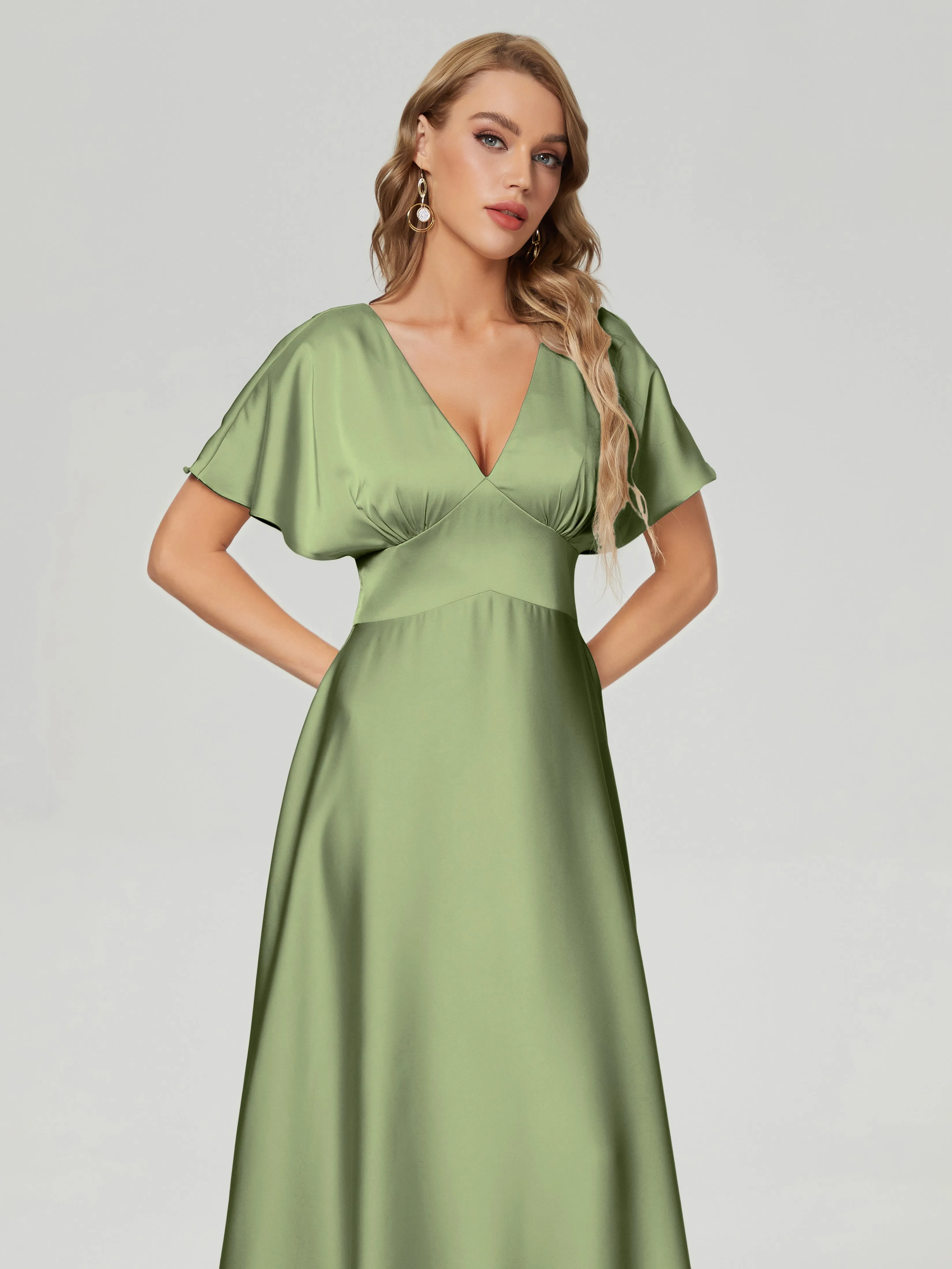 Olive Green Bridesmaid Dresses Ariah Modest V Neck Short Sleeves Soft Satin Dresses