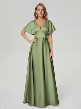 Olive Green Bridesmaid Dresses Ariah Modest V Neck Short Sleeves Soft Satin Dresses