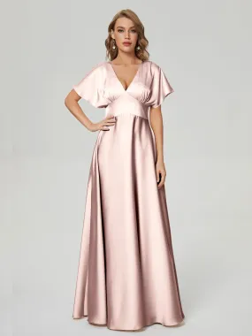 Pearl Pink Bridesmaid Dresses Ariah Modest V Neck Short Sleeves Soft Satin Dresses