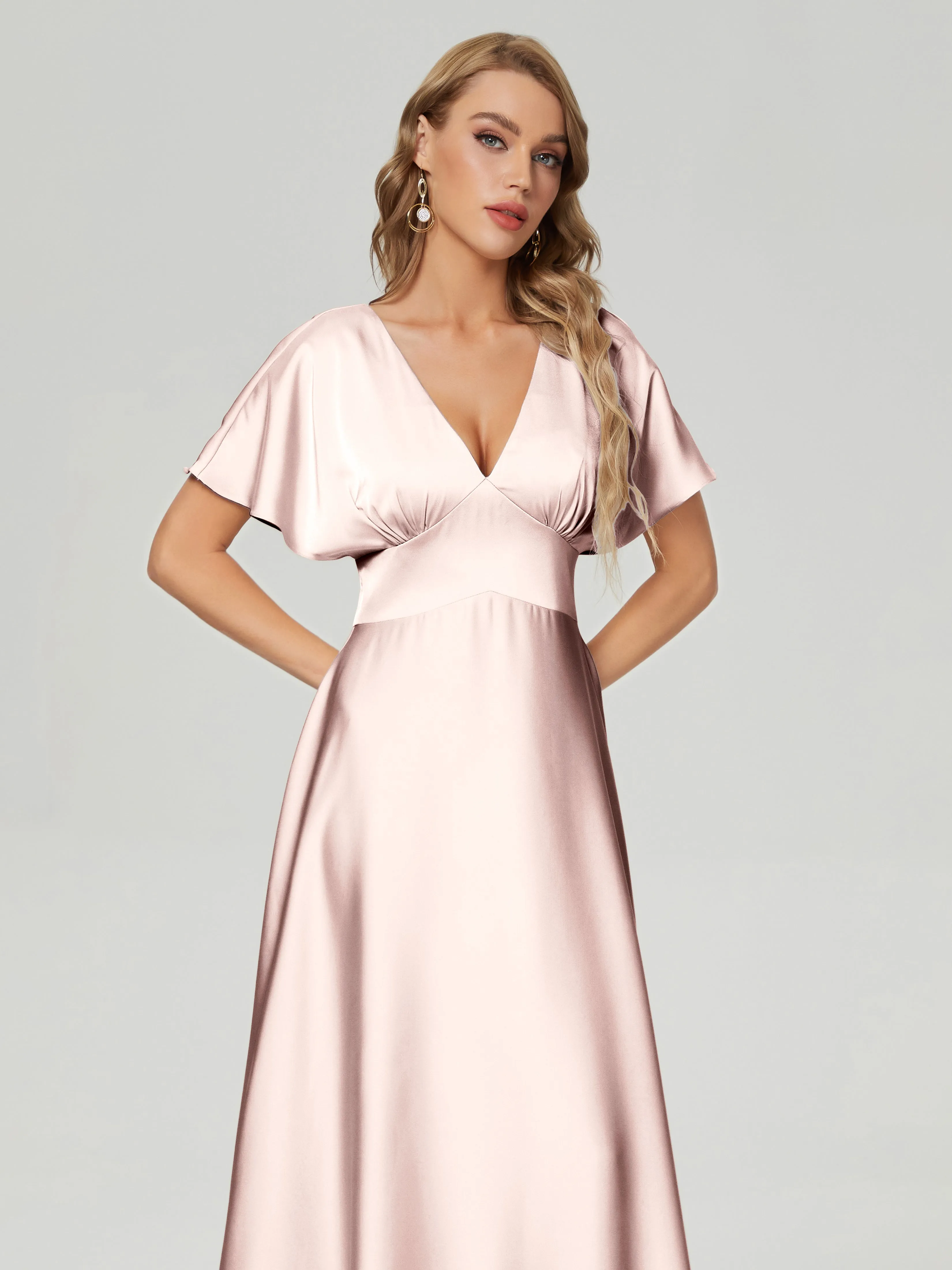Pearl Pink Bridesmaid Dresses Ariah Modest V Neck Short Sleeves Soft Satin Dresses