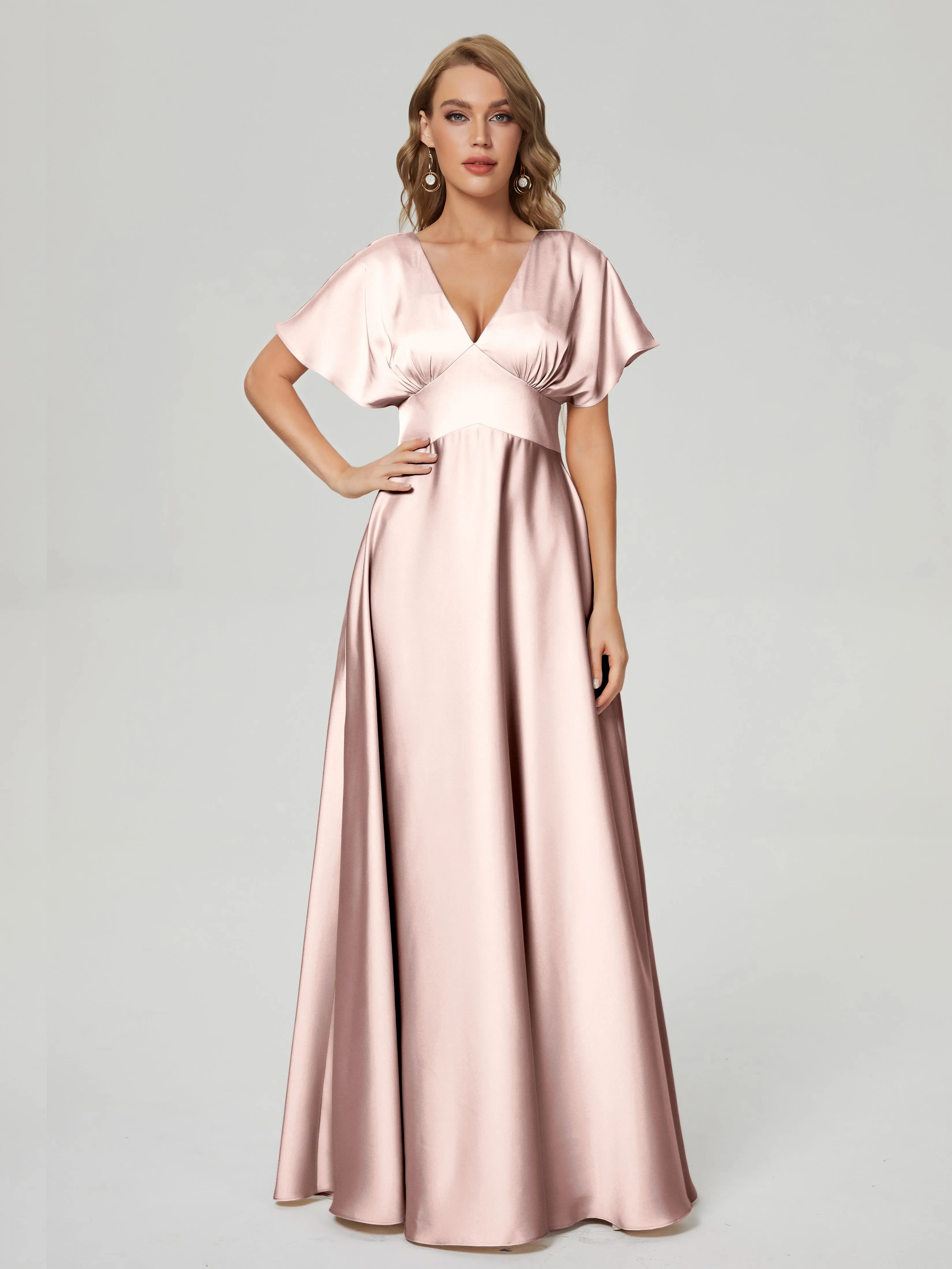 Pearl Pink Bridesmaid Dresses Ariah Modest V Neck Short Sleeves Soft Satin Dresses