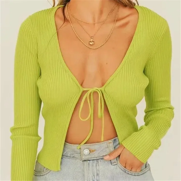 Plain Trendy Lace-Up V-Neck Cropped Slim Fit Women'S Knit Tops Wholesale Cardigans