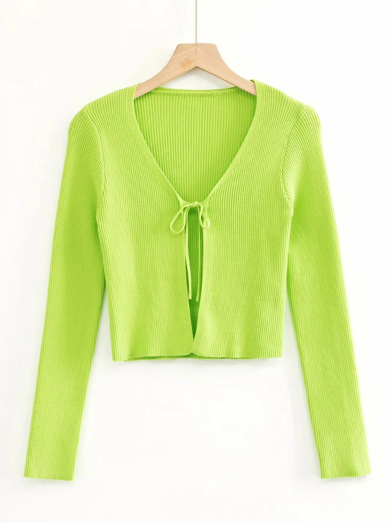 Plain Trendy Lace-Up V-Neck Cropped Slim Fit Women'S Knit Tops Wholesale Cardigans