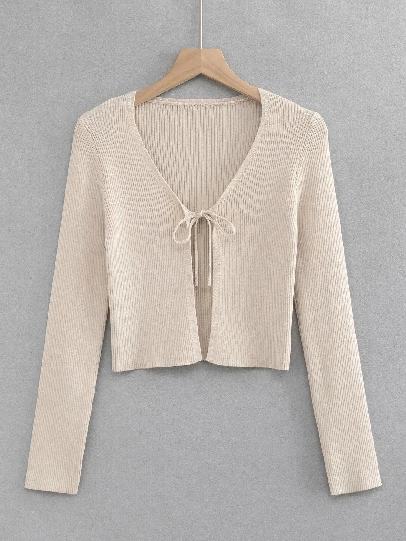 Plain Trendy Lace-Up V-Neck Cropped Slim Fit Women'S Knit Tops Wholesale Cardigans
