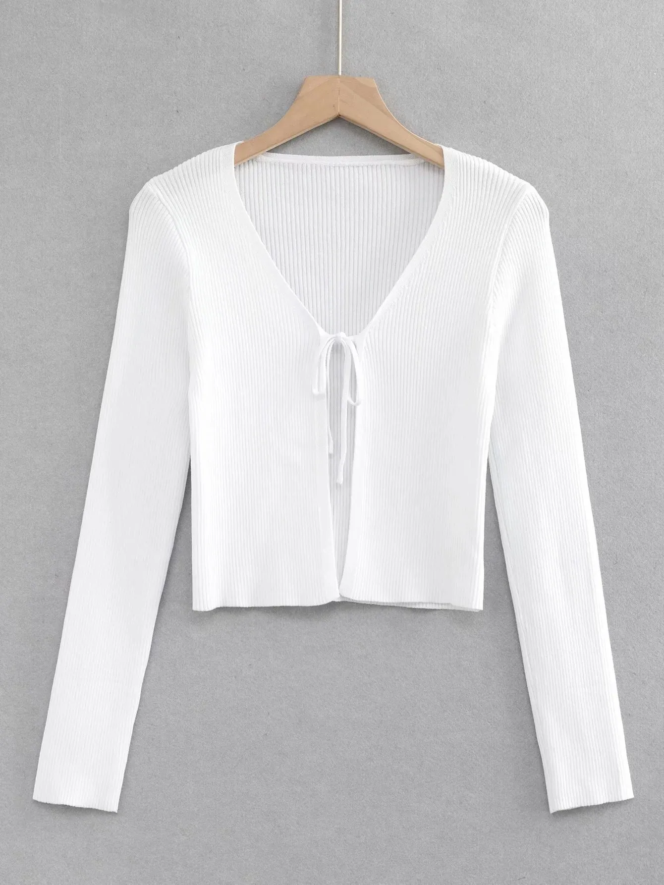 Plain Trendy Lace-Up V-Neck Cropped Slim Fit Women'S Knit Tops Wholesale Cardigans