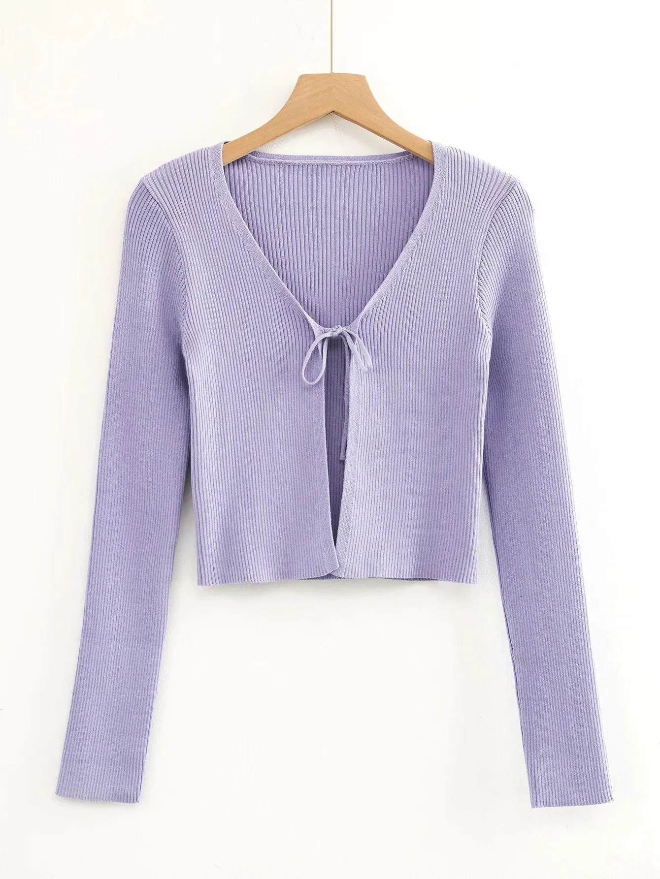Plain Trendy Lace-Up V-Neck Cropped Slim Fit Women'S Knit Tops Wholesale Cardigans
