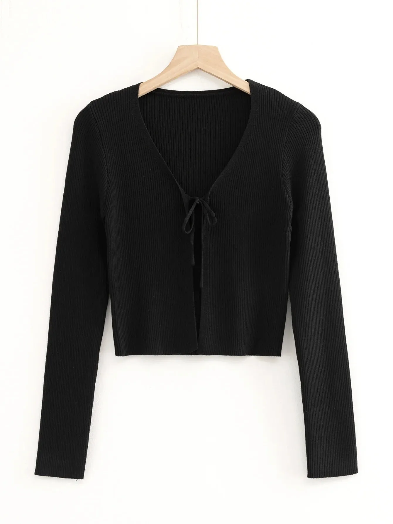 Plain Trendy Lace-Up V-Neck Cropped Slim Fit Women'S Knit Tops Wholesale Cardigans