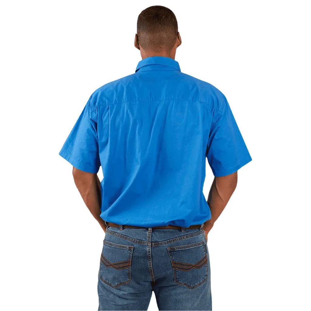 RINGERS WESTERN PACK SADDLE MENS SHORT SLEEVE HALF BUTTON WORK SHIRT - BLUE