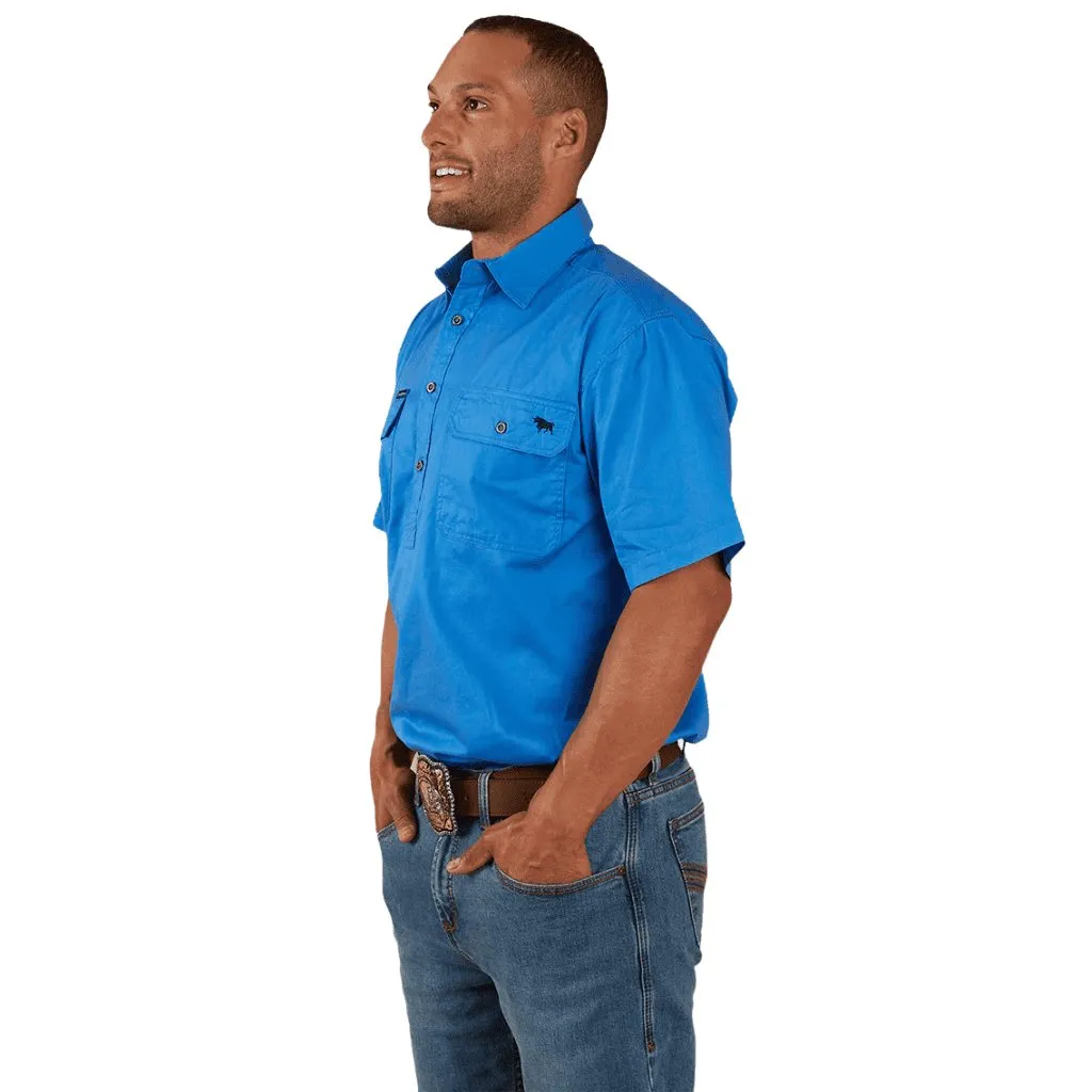 RINGERS WESTERN PACK SADDLE MENS SHORT SLEEVE HALF BUTTON WORK SHIRT - BLUE