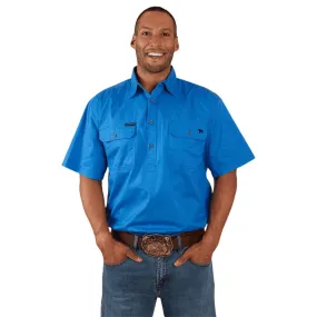 RINGERS WESTERN PACK SADDLE MENS SHORT SLEEVE HALF BUTTON WORK SHIRT - BLUE