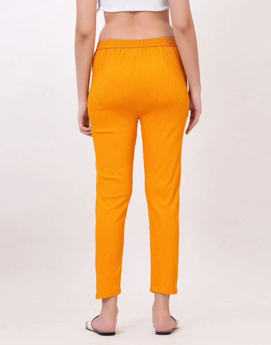 Satrangi Women's Mustard Viscose Ribbed Lycra Trouser