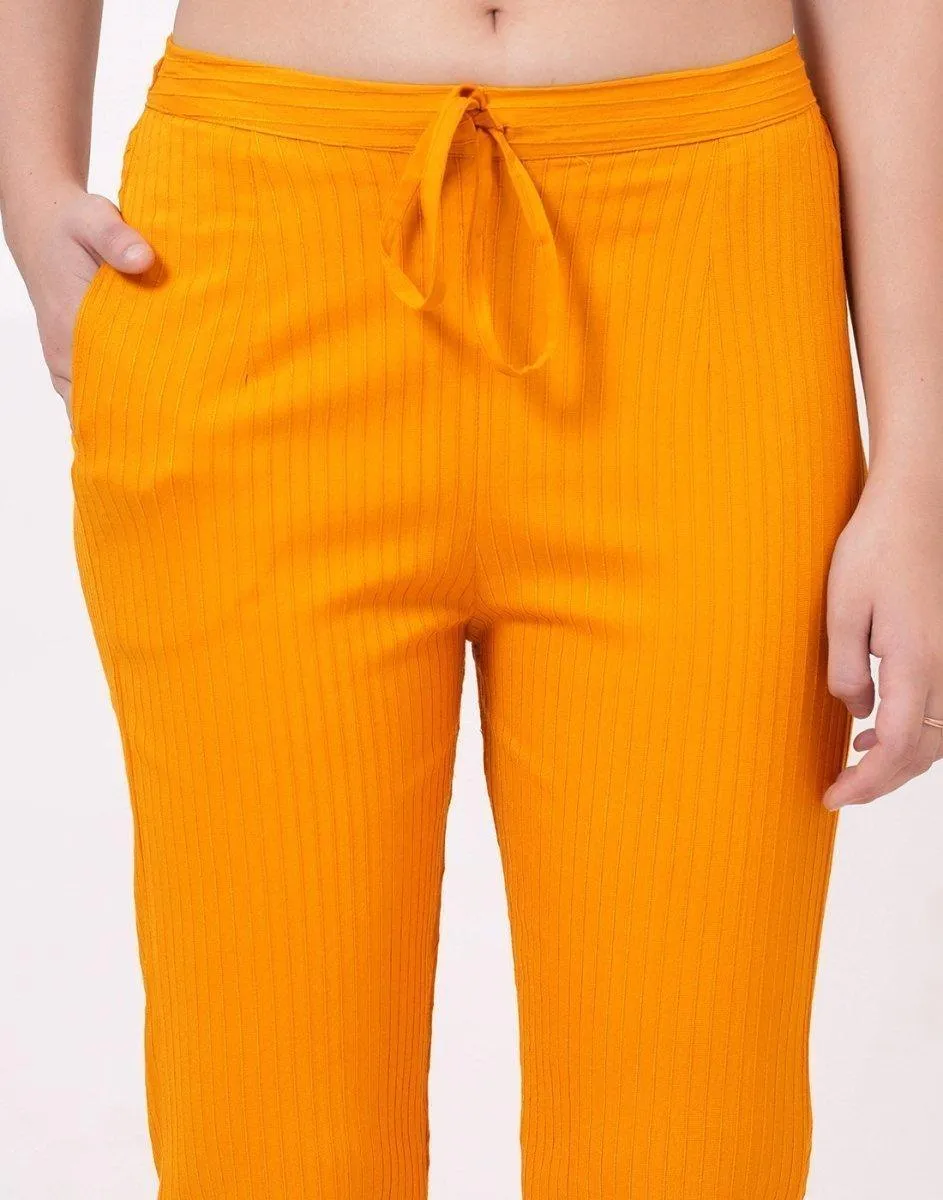 Satrangi Women's Mustard Viscose Ribbed Lycra Trouser