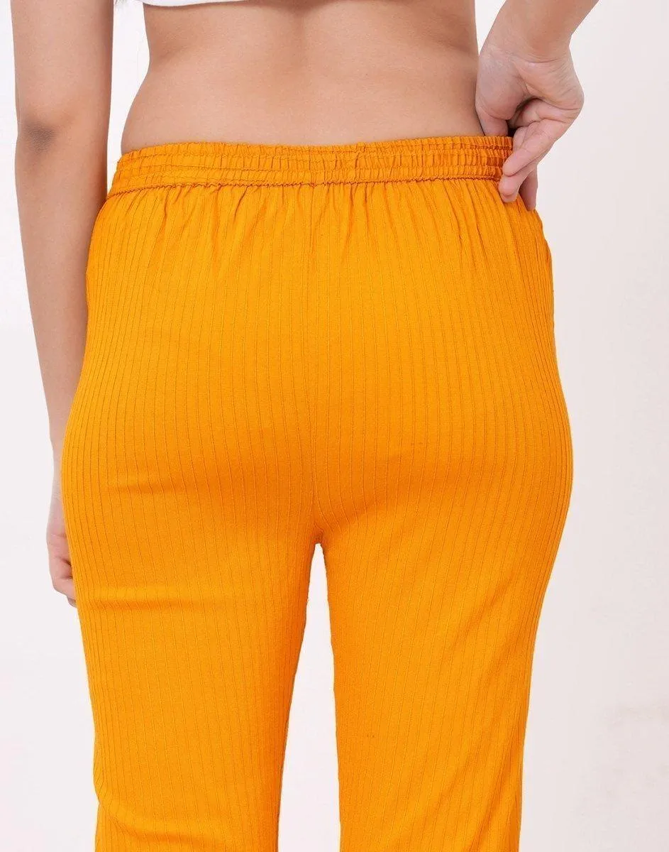 Satrangi Women's Mustard Viscose Ribbed Lycra Trouser