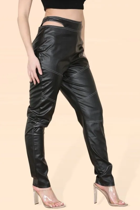 Shape PU cutout waist Biker straightleg trousers