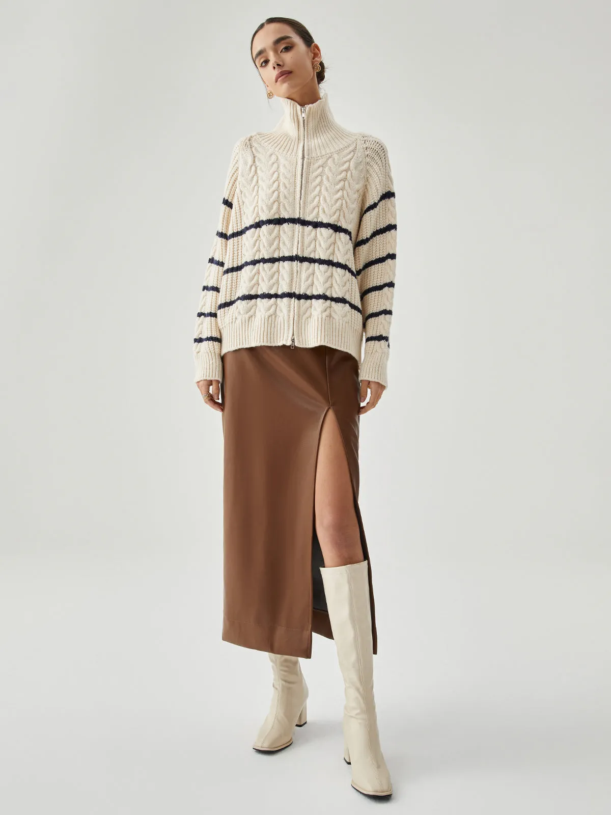 Stand Collar Cable Trendy Knit Stripe Cardigan