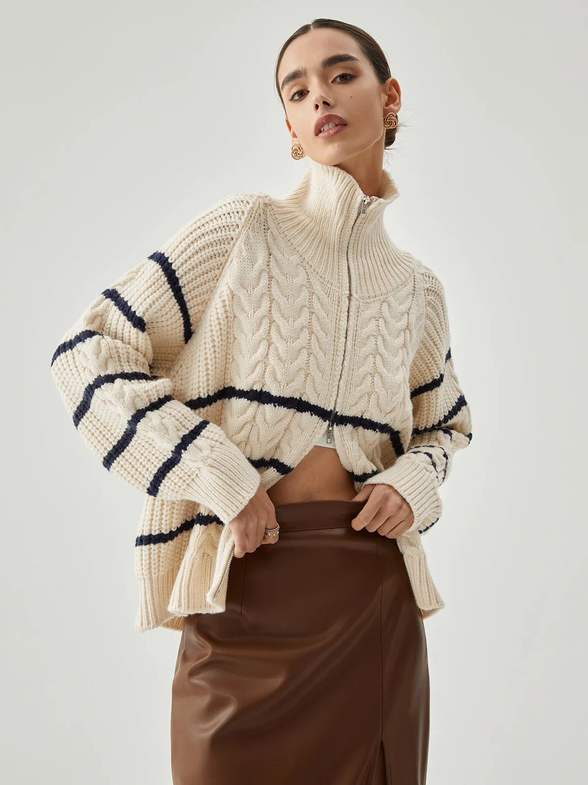 Stand Collar Cable Trendy Knit Stripe Cardigan