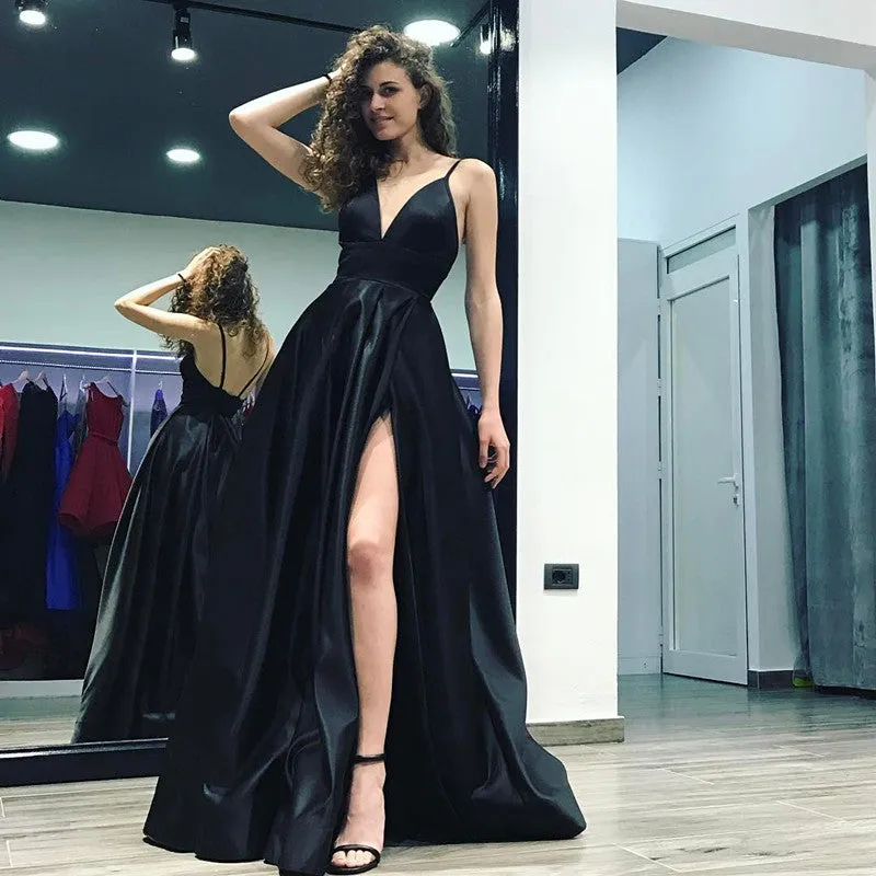 Stylish A-Line V-neck Satin Long Black Prom Dress With Slit