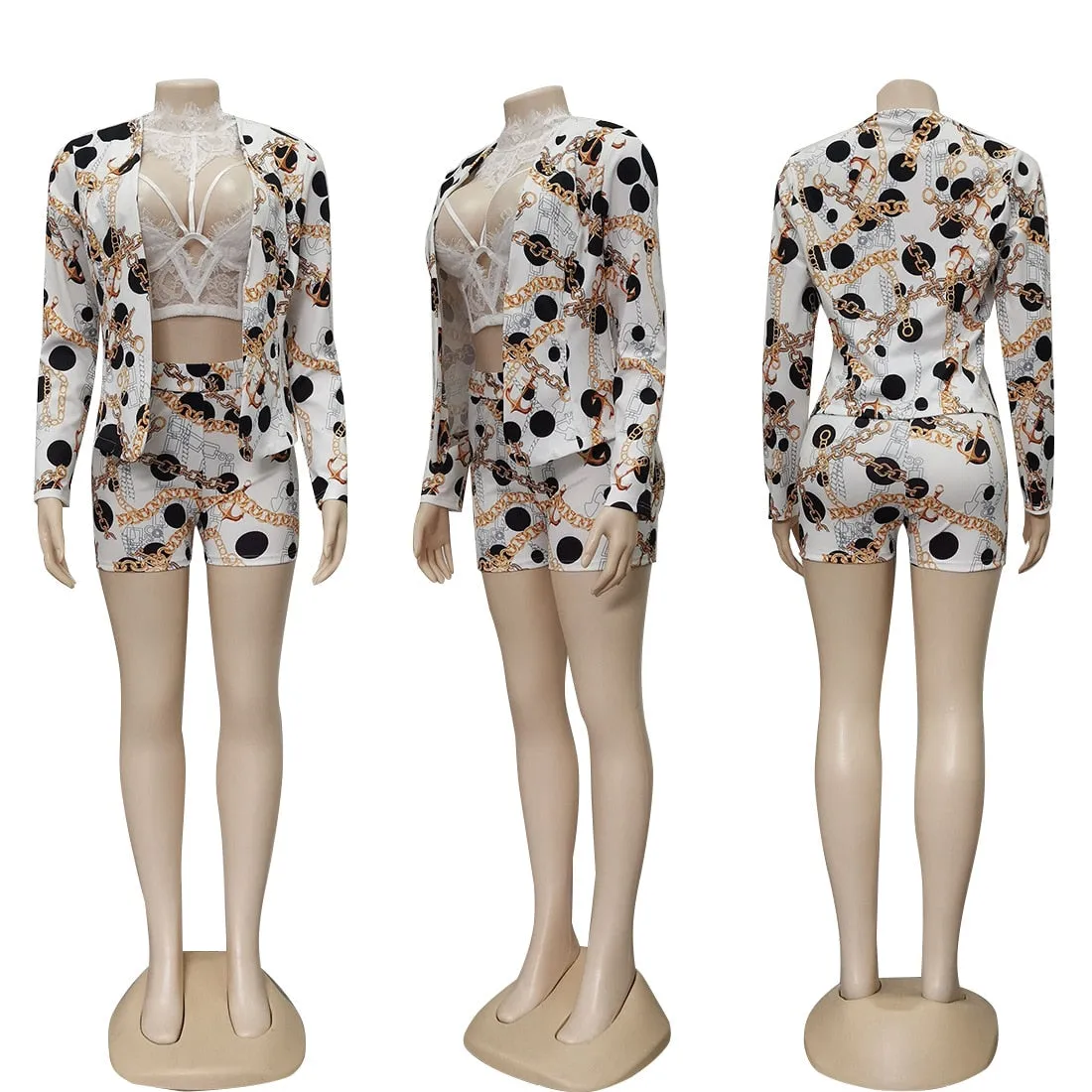 Stylish Chain Design Jacket and Shorts Set for Women