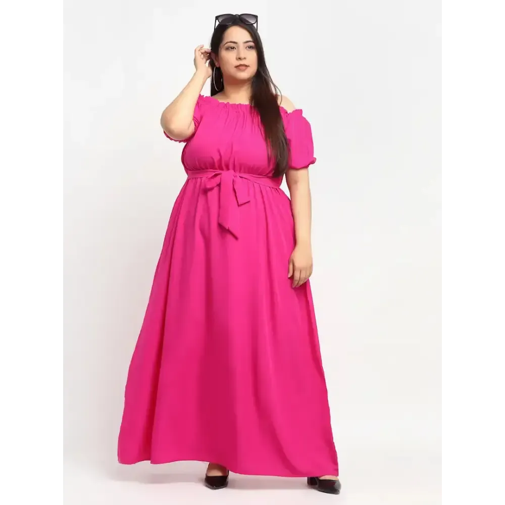 Stylish Pink Crepe Solid Maxi Length Dresses For Women