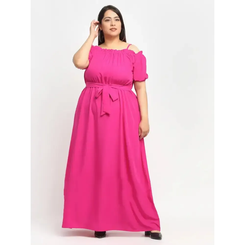 Stylish Pink Crepe Solid Maxi Length Dresses For Women