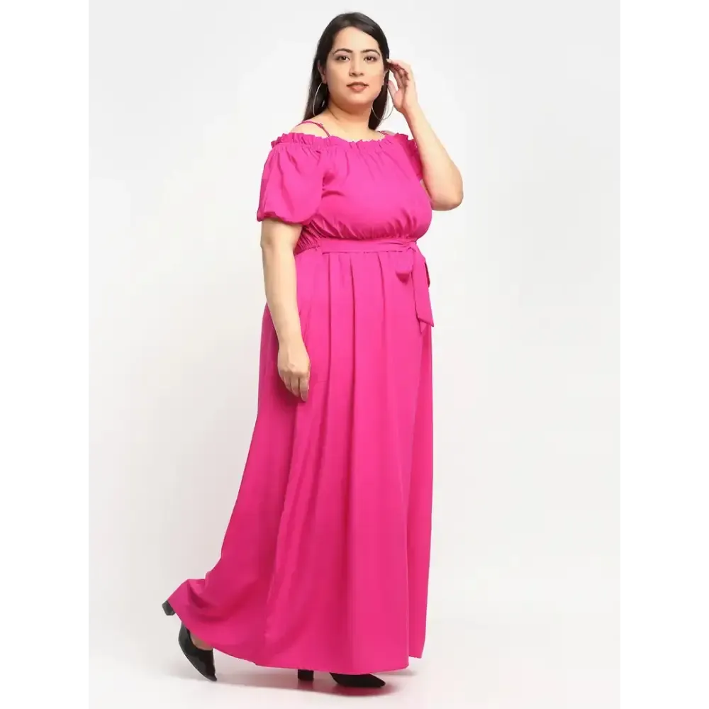 Stylish Pink Crepe Solid Maxi Length Dresses For Women