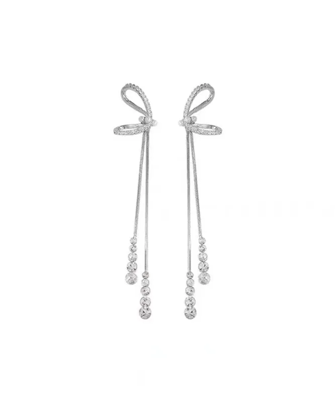 Stylish Sterling Silver Bow Tassel Drop Earrings QQ013