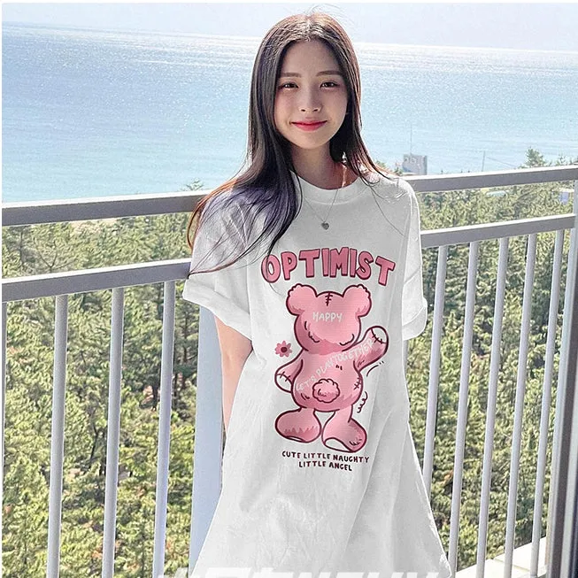 Sweet Style Pink Cartoon Bear Print T-Shirt