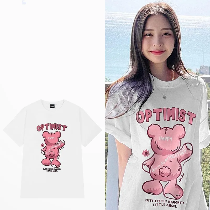 Sweet Style Pink Cartoon Bear Print T-Shirt